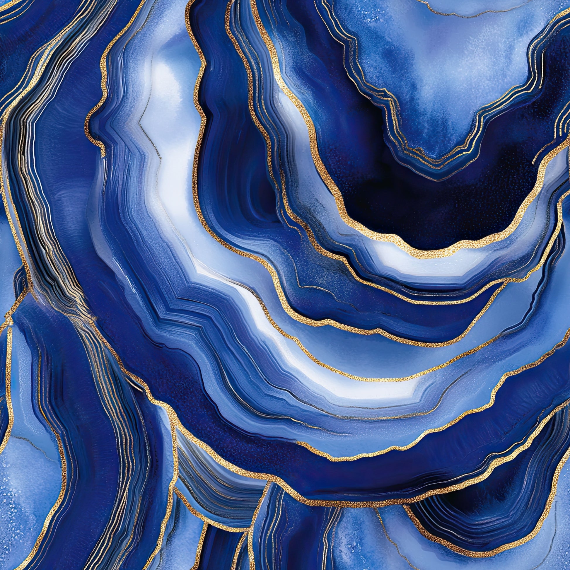 royal blue, gold, agate pattern, geode design, marble texture, swirling lines, organic shapes, layered bands, metallic accents, mineral formation, abstract design, flowing curves, crystalline structure, luxurious appearance, quilting cotton, fabric panel, contemporary style, geological inspired, shimmering details, natural stone motif