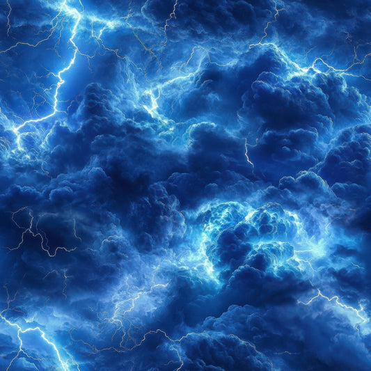 deep blue, electric blue, storm clouds, lightning bolts, thunderstorm, dramatic sky, weather pattern, cotton fabric, quilting panel, stormy atmosphere, electrical discharge, turbulent clouds, nature scene, meteorological, tempest, storm system, atmospheric, celestial drama, weather phenomenon, fabric panel