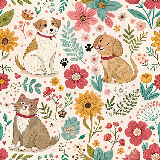 coral pink, sage green, golden yellow, cream background, floral pattern, cute dogs, tabby cat, paw prints, heart motifs, botanical elements, whimsical illustration, pet themed, quilting cotton, fabric panel, spring flowers, folk art style, playful design, animal lovers, crafting material, repeating pattern