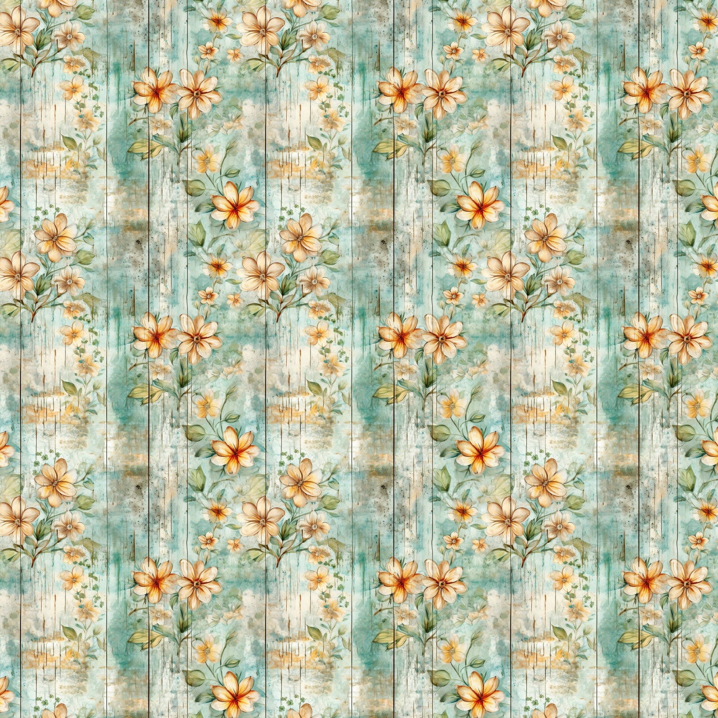 shabby chic, rustic floral, peach flowers, sage green, weathered wood, vintage style, distressed texture, botanical pattern, cottage core, quilting cotton, fabric panel, soft pastels, delicate blooms, aged finish, romantic florals, muted tones, country garden, watercolor effect, repeating motif