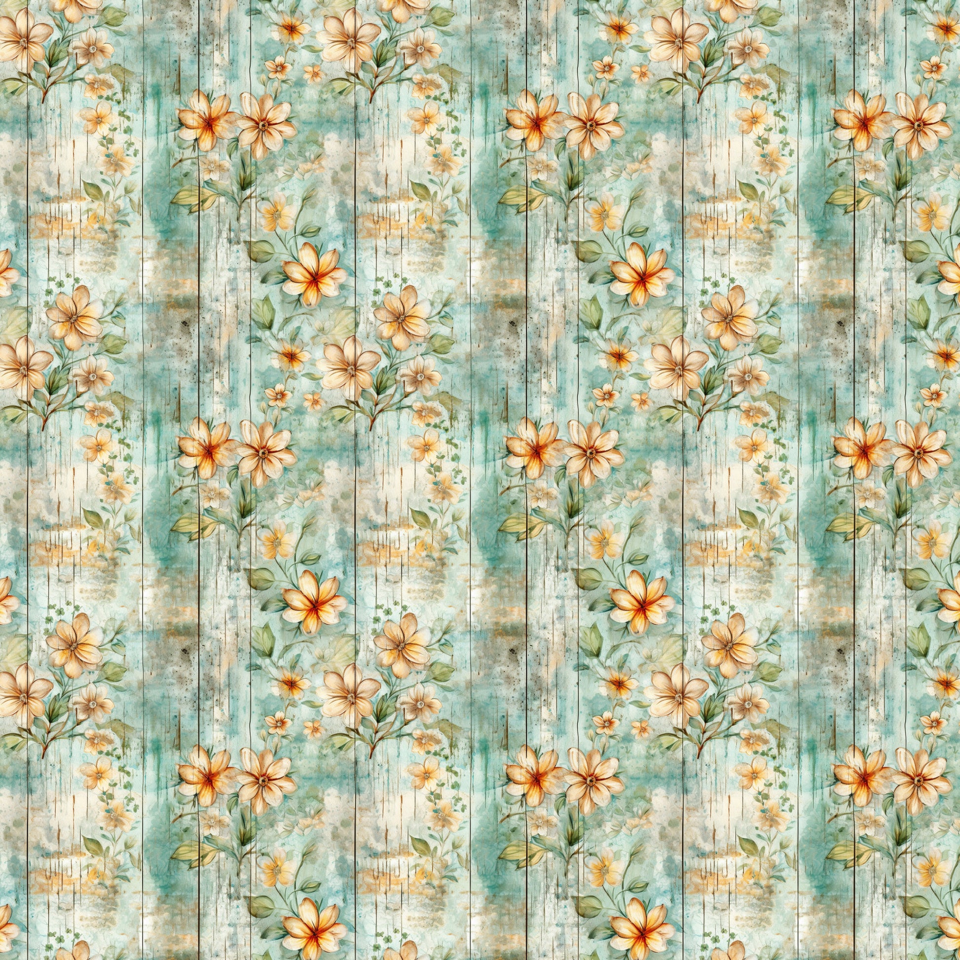 shabby chic, rustic floral, peach flowers, sage green, weathered wood, vintage style, distressed texture, botanical pattern, cottage core, quilting cotton, fabric panel, soft pastels, delicate blooms, aged finish, romantic florals, muted tones, country garden, watercolor effect, repeating motif