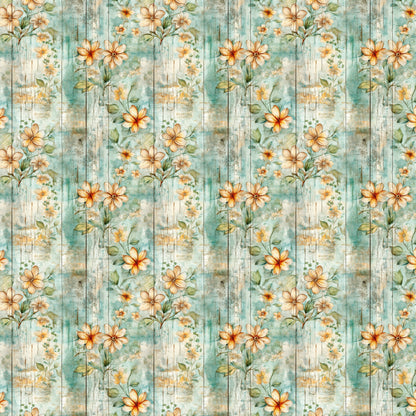 shabby chic, rustic floral, peach flowers, sage green, weathered wood, vintage style, distressed texture, botanical pattern, cottage core, quilting cotton, fabric panel, soft pastels, delicate blooms, aged finish, romantic florals, muted tones, country garden, watercolor effect, repeating motif