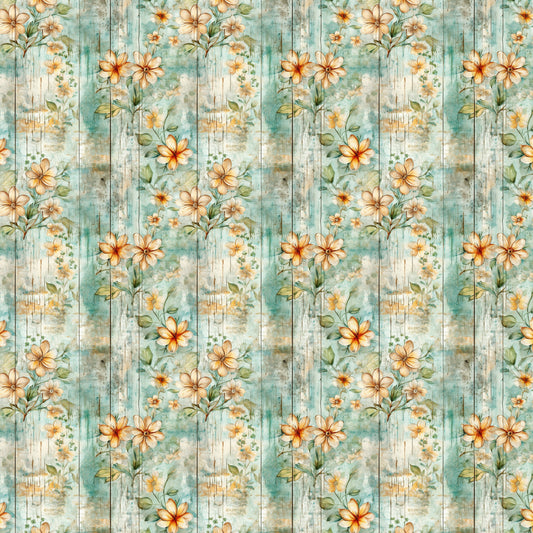 shabby chic, rustic floral, peach flowers, sage green, weathered wood, vintage style, distressed texture, botanical pattern, cottage core, quilting cotton, fabric panel, soft pastels, delicate blooms, aged finish, romantic florals, muted tones, country garden, watercolor effect, repeating motif