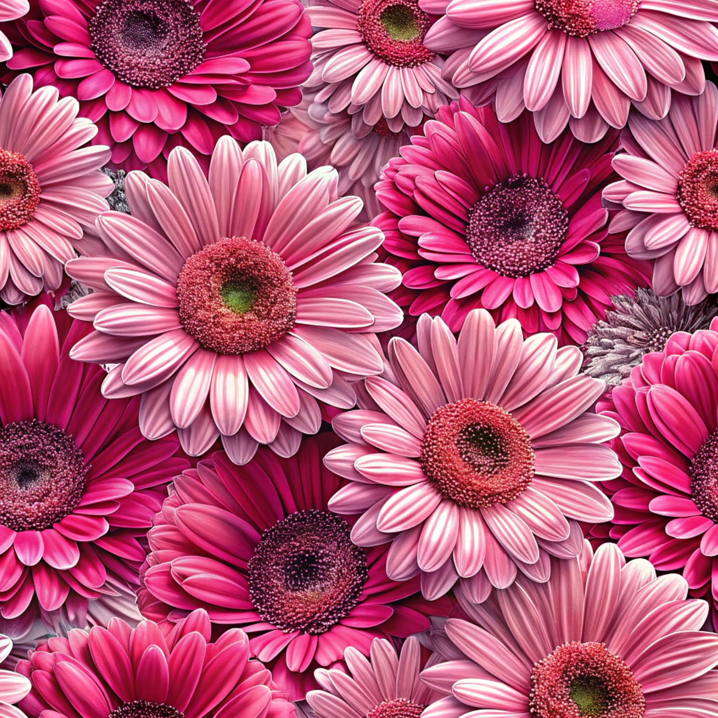 realistic flowers, gerbera daisies, pink flowers, magenta petals, coral centers, floral pattern, botanical design, quilting cotton, fabric panel, seamless repeat, vibrant pink, fuchsia tones, layered petals, densely packed, blooming flowers, spring motif, garden theme, feminine colors, crafting fabric, sewing material