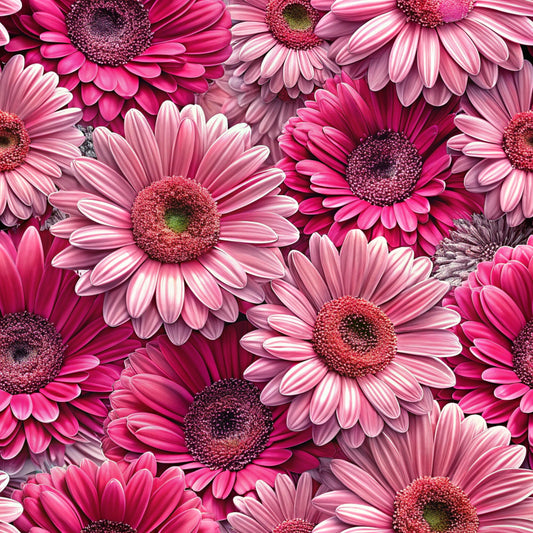 realistic flowers, gerbera daisies, pink flowers, magenta petals, coral centers, floral pattern, botanical design, quilting cotton, fabric panel, seamless repeat, vibrant pink, fuchsia tones, layered petals, densely packed, blooming flowers, spring motif, garden theme, feminine colors, crafting fabric, sewing material