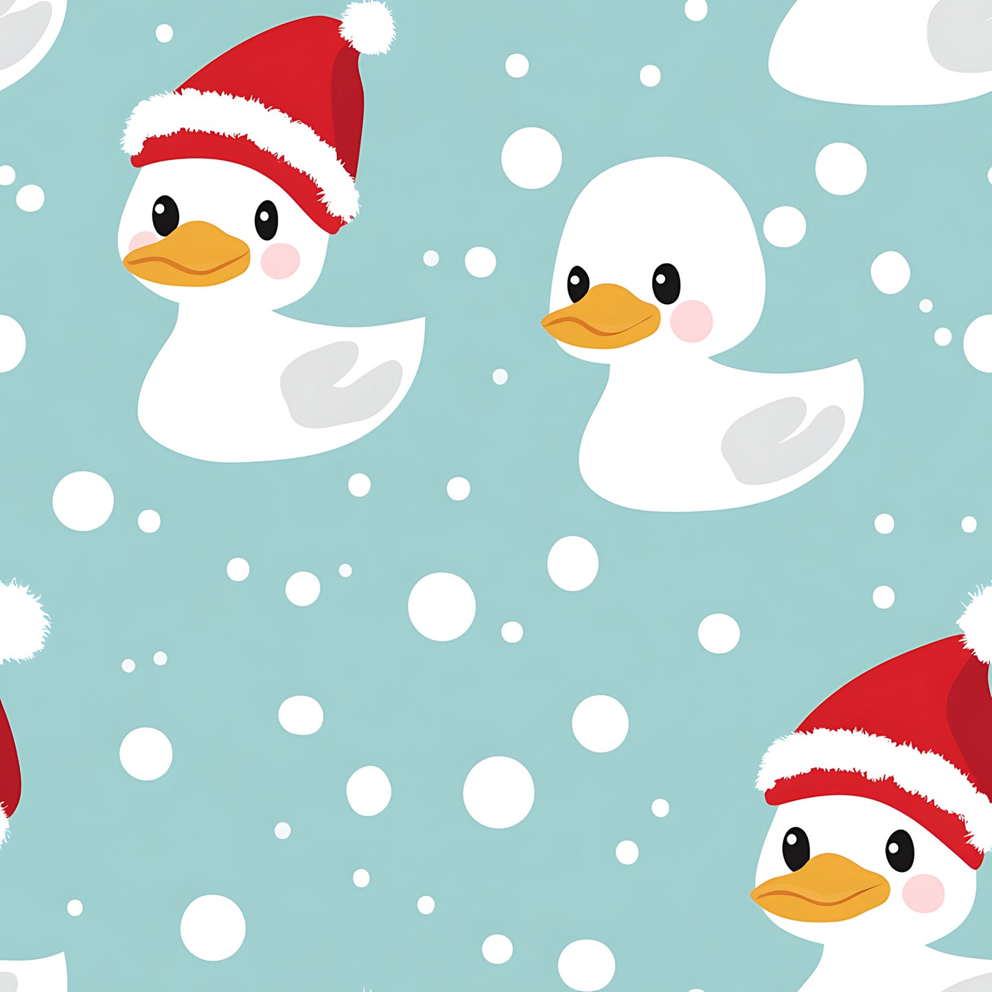 christmas ducks, rubber ducks, santa hats, mint green, aqua blue, white snowflakes, red and white, polka dots, winter theme, holiday pattern, cute cartoon style, quilting cotton, fabric panel, christmas fabric, duck pattern, festive design, snow dots, playful design, seasonal motif