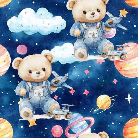 blue, navy blue, teddy bears, astronaut bears, space theme, planets, stars, clouds, rockets, space rovers, pink accents, yellow stars, watercolor style, whimsical, cute animals, quilting cotton, fabric panel, baby boy, nursery theme, celestial design