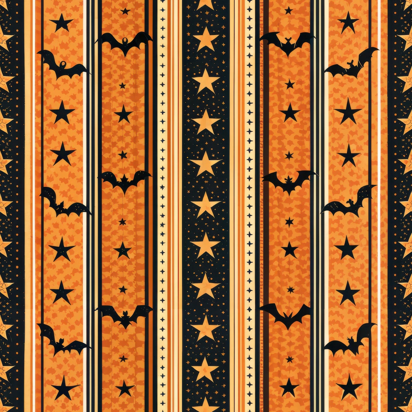 halloween fabric, orange, black, yellow, vertical stripes, bats, stars, gingham pattern, quilting cotton, fabric panel, spooky theme, autumn colors, halloween motifs, striped design, flying bats, star patterns, seasonal fabric, craft fabric, patchwork material, halloween decorations