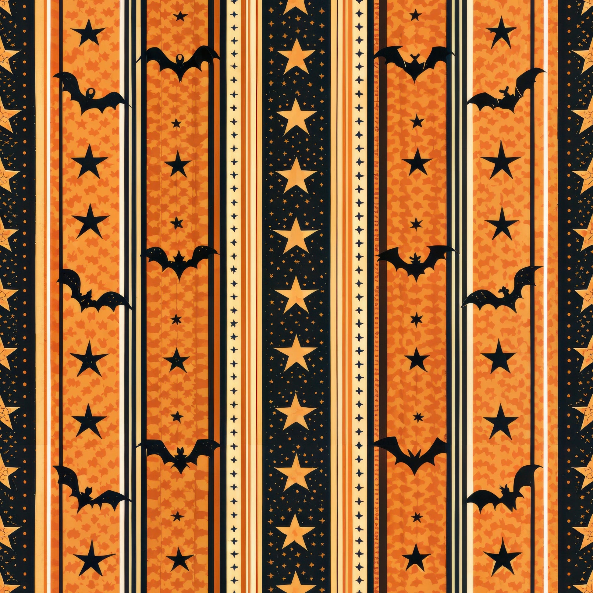 halloween fabric, orange, black, yellow, vertical stripes, bats, stars, gingham pattern, quilting cotton, fabric panel, spooky theme, autumn colors, halloween motifs, striped design, flying bats, star patterns, seasonal fabric, craft fabric, patchwork material, halloween decorations