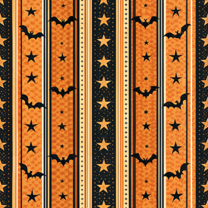 halloween fabric, orange, black, yellow, vertical stripes, bats, stars, gingham pattern, quilting cotton, fabric panel, spooky theme, autumn colors, halloween motifs, striped design, flying bats, star patterns, seasonal fabric, craft fabric, patchwork material, halloween decorations