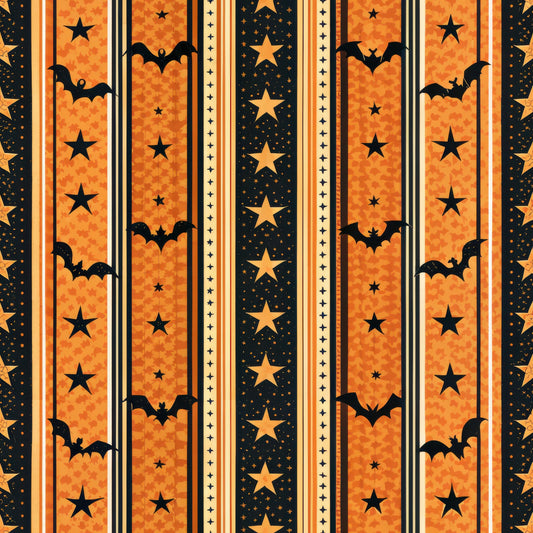 halloween fabric, orange, black, yellow, vertical stripes, bats, stars, gingham pattern, quilting cotton, fabric panel, spooky theme, autumn colors, halloween motifs, striped design, flying bats, star patterns, seasonal fabric, craft fabric, patchwork material, halloween decorations