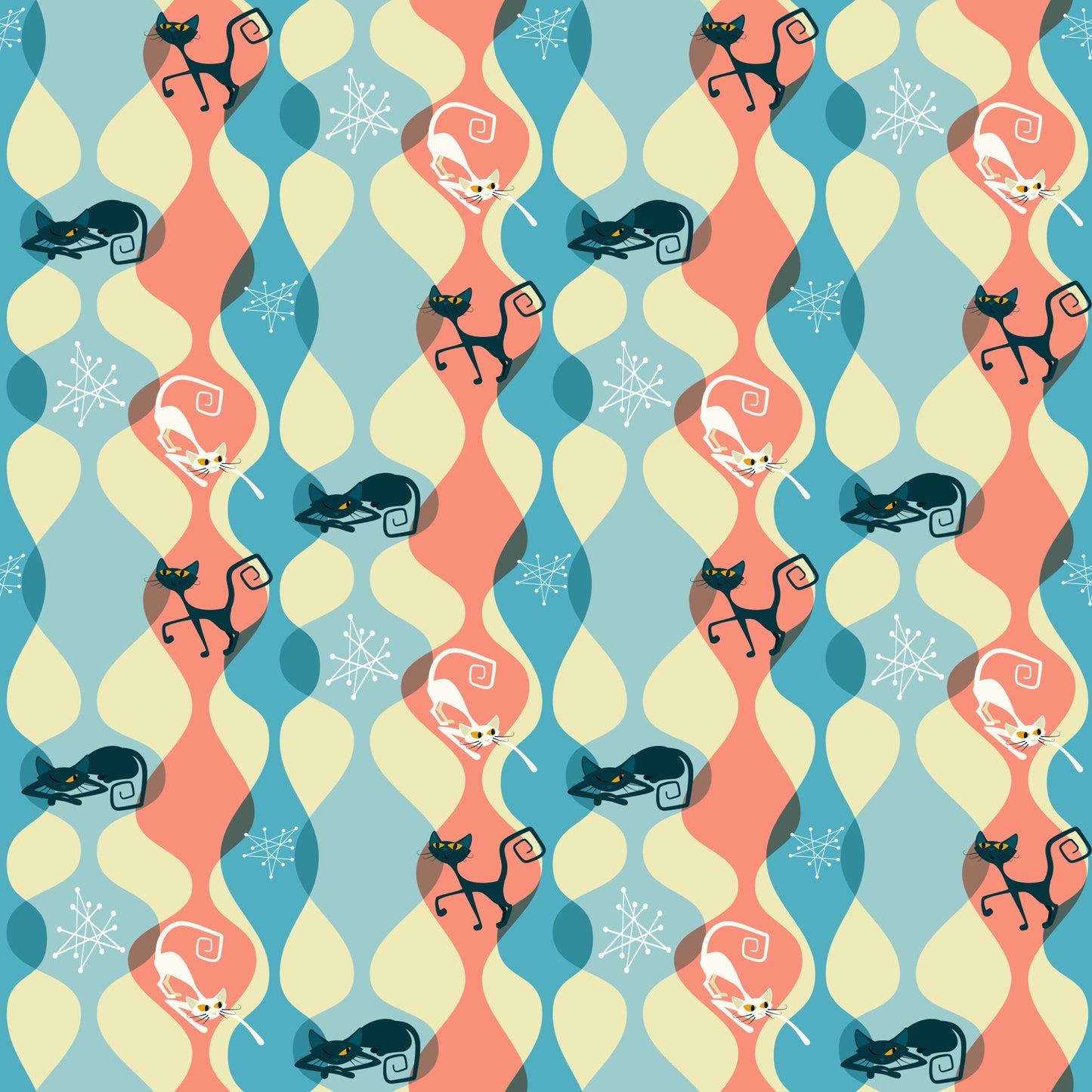 atomic cats, mid-century modern, retro style, coral pink, teal blue, cream yellow, geometric shapes, stylized cats, curled cats, sleeping cats, snowflakes, winter motifs, wavy patterns, quilting cotton, fabric panel, 1950s inspired, kitsch design, repeating pattern, atomic age, boomerang shapes