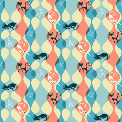 atomic cats, mid-century modern, retro style, coral pink, teal blue, cream yellow, geometric shapes, stylized cats, curled cats, sleeping cats, snowflakes, winter motifs, wavy patterns, quilting cotton, fabric panel, 1950s inspired, kitsch design, repeating pattern, atomic age, boomerang shapes
