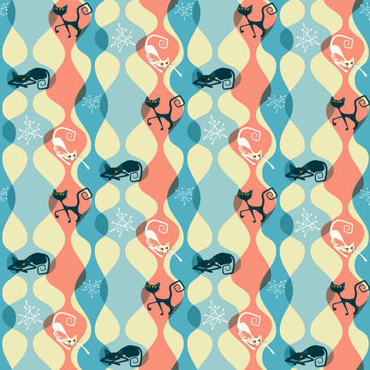 atomic cats, mid-century modern, retro style, coral pink, teal blue, cream yellow, geometric shapes, stylized cats, curled cats, sleeping cats, snowflakes, winter motifs, wavy patterns, quilting cotton, fabric panel, 1950s inspired, kitsch design, repeating pattern, atomic age, boomerang shapes