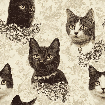 cream, beige, sepia, brown, cats, felines, lace collars, ornate patterns, vintage style, etched illustration, quilting cotton, fabric panel, detailed linework, floral motifs, decorative elements, pet portraits, antique aesthetic, repeating design, textile art, crafting material