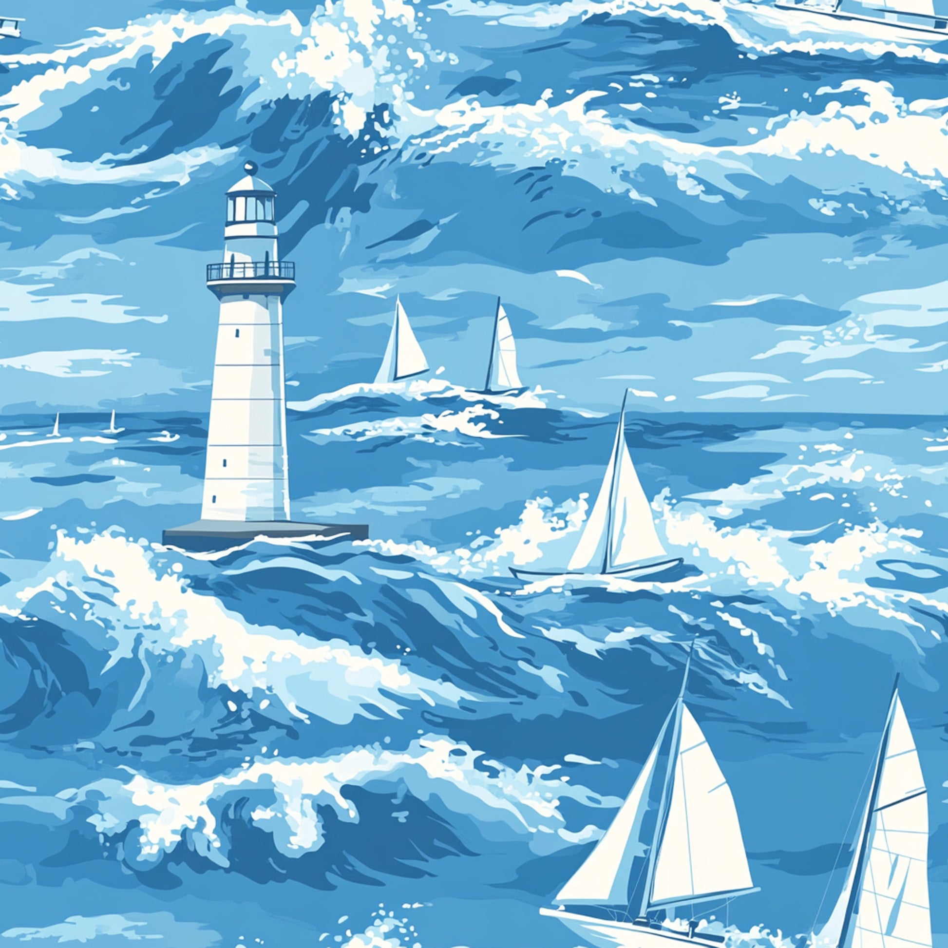 lighthouse, sailboats, ocean waves, nautical, marine, blue tones, white sails, coastal scene, sailing boats, seascape, water, maritime, navy blue, light blue, sky blue, white foam, boats, sea, waves, quilting cotton, fabric panel