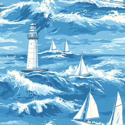 lighthouse, sailboats, ocean waves, nautical, marine, blue tones, white sails, coastal scene, sailing boats, seascape, water, maritime, navy blue, light blue, sky blue, white foam, boats, sea, waves, quilting cotton, fabric panel