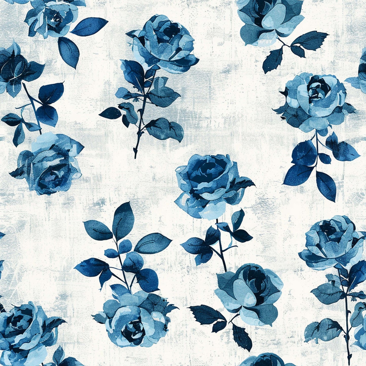 blue roses, vintage floral, navy blue, light blue, white background, watercolor style, botanical pattern, rose stems, leafy vines, distressed texture, quilting cotton, fabric panel, shabby chic, farmhouse style, romantic florals, repeating pattern, monochromatic blues, vintage blooms