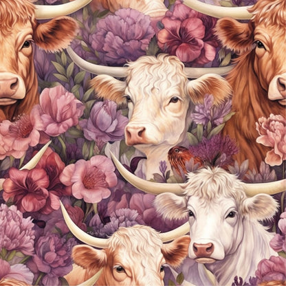 highland cows, floral pattern, purple flowers, pink blooms, cream colored cattle, brown cows, horned cattle, botanical design, quilting cotton, fabric panel, pastoral theme, country farm, soft pastels, lavender tones, rose colored flowers, cow faces, rural animals, gentle mood, repeating pattern, cotton fabric