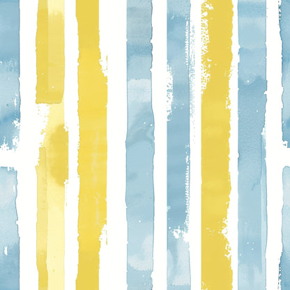 yellow stripes, blue stripes, watercolor brushstrokes, vertical bands, soft pastels, painted texture, alternating colors, distressed edges, quilting cotton, fabric panel, artistic stripes, hand-painted effect, nursery colors, gentle hues, textured brushwork, irregular edges, cotton fabric, quilting material