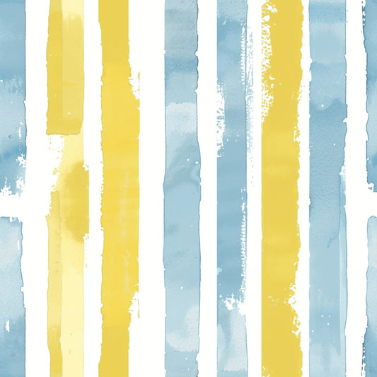 yellow stripes, blue stripes, watercolor brushstrokes, vertical bands, soft pastels, painted texture, alternating colors, distressed edges, quilting cotton, fabric panel, artistic stripes, hand-painted effect, nursery colors, gentle hues, textured brushwork, irregular edges, cotton fabric, quilting material
