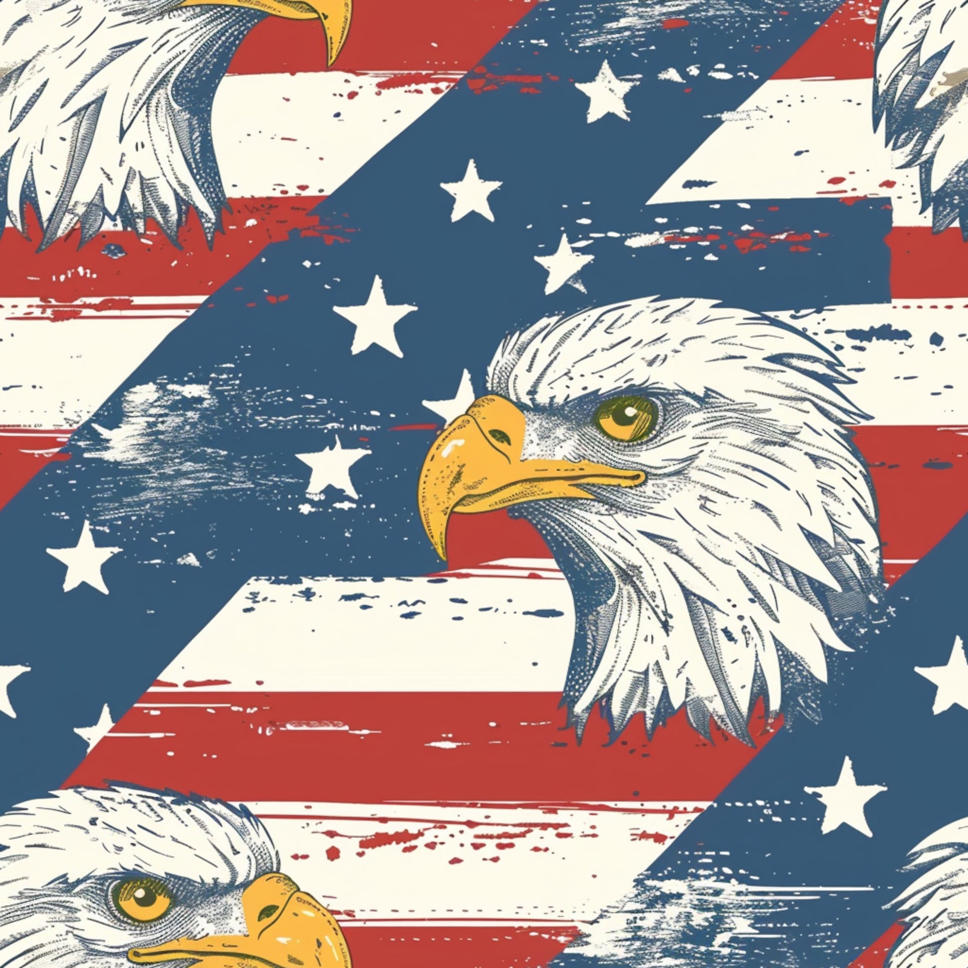 bald eagles, american flag, red white blue, stars stripes, patriotic theme, vintage style, distressed texture, quilting cotton, fabric panel, independence day, fourth of july, weathered look, sketched eagles, golden beaks, green eyes, americana motif, grunge effect, cotton fabric