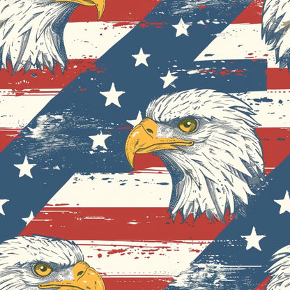 bald eagles, american flag, red white blue, stars stripes, patriotic theme, vintage style, distressed texture, quilting cotton, fabric panel, independence day, fourth of july, weathered look, sketched eagles, golden beaks, green eyes, americana motif, grunge effect, cotton fabric