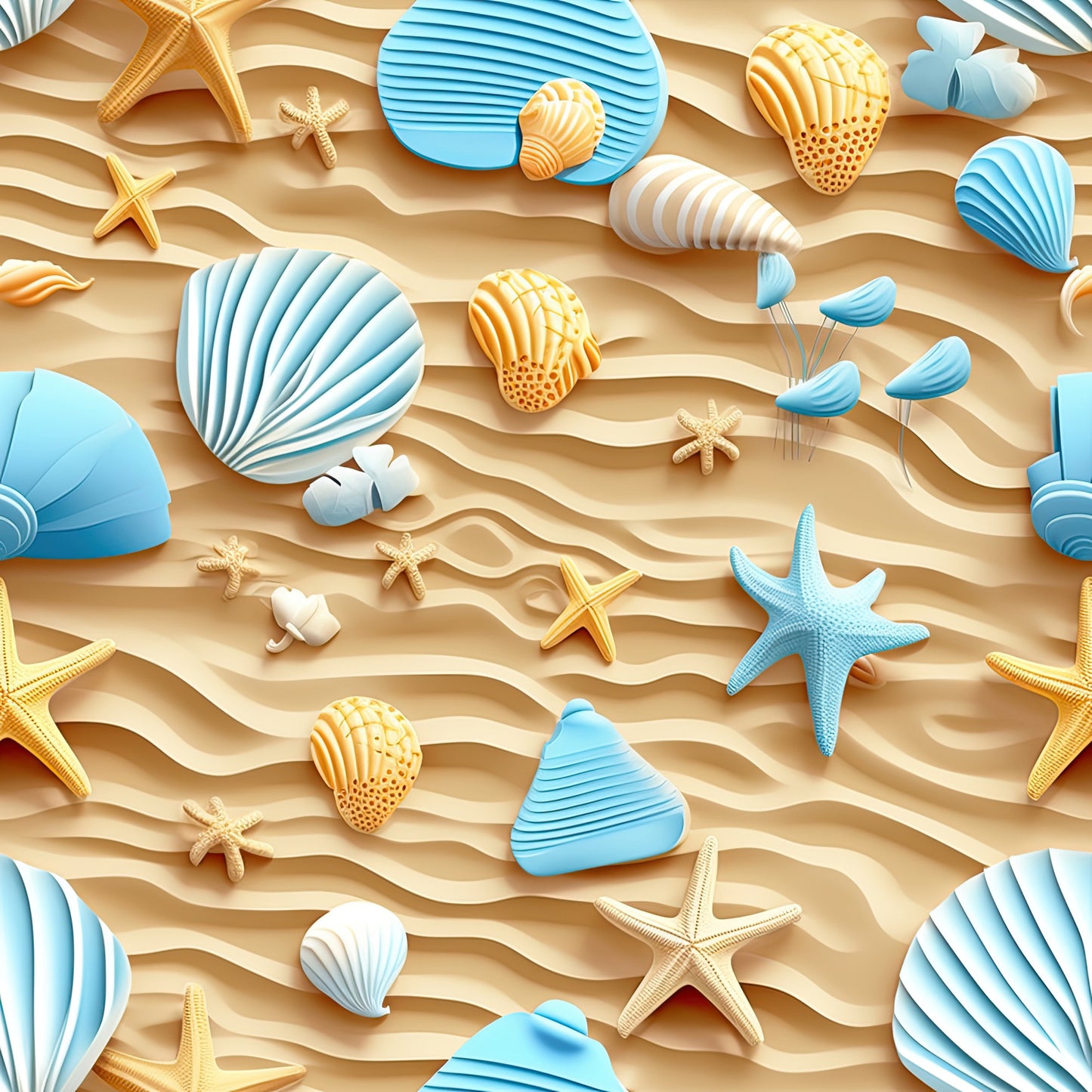 beach theme, seashells, starfish, ocean blue, sandy beige, coral orange, nautical pattern, coastal design, summer vibes, quilting cotton, fabric panel, marine life, tropical motif, seaside elements, wave texture, shell collection, aqua blue, warm orange, beach vacation, ocean treasures