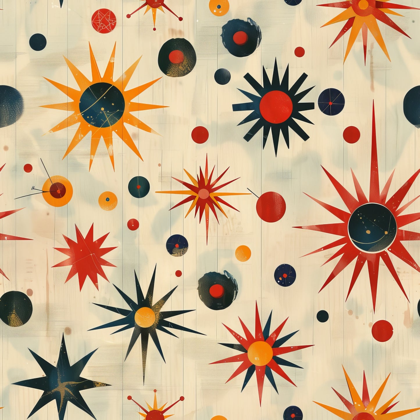 retro starburst, mid-century modern, atomic age, sunburst design, orange, red, navy blue, teal, cream background, geometric pattern, celestial motifs, radiating rays, circular shapes, vintage style, 1950s inspired, quilting cotton, fabric panel, space age, modernist design, abstract pattern