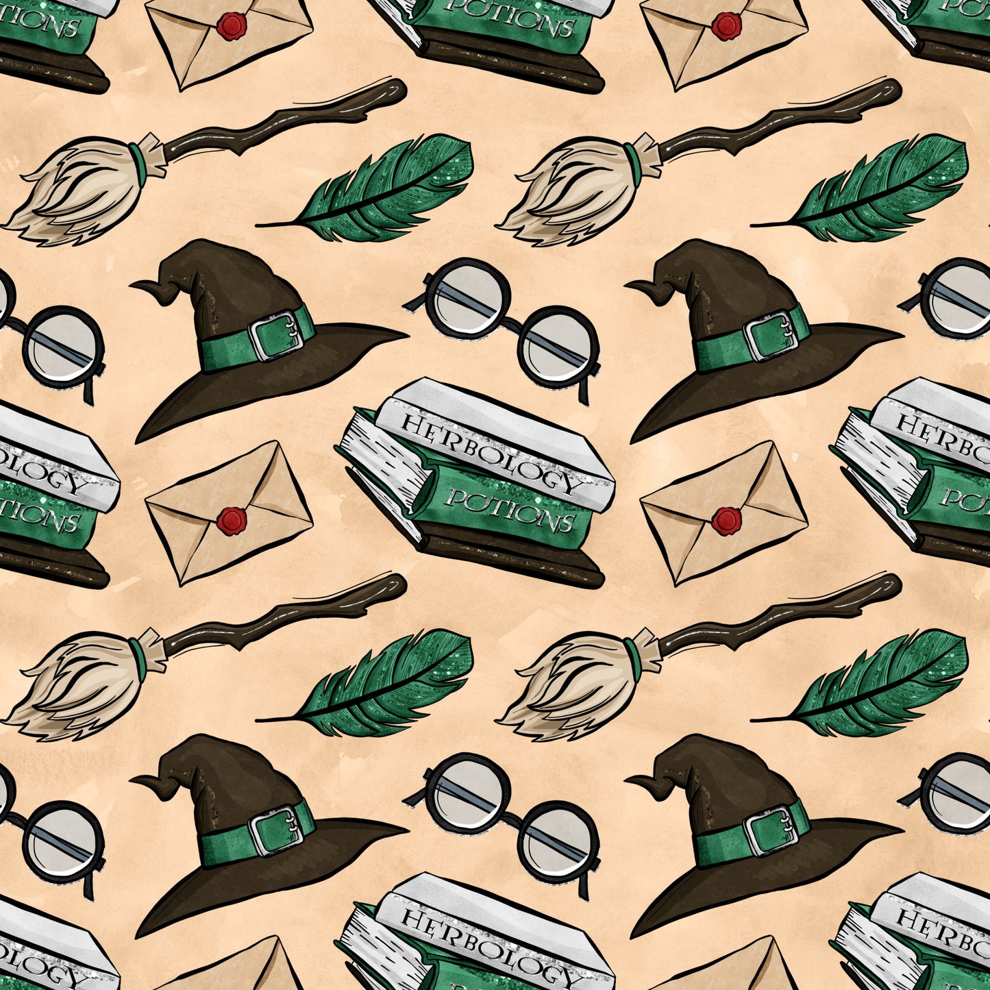 wizard, magical, witch hat, broomstick, round glasses, green feather, herbology potions, envelope, wax seal, beige background, brown, green, white, repeating pattern, fantasy theme, quilting cotton, fabric panel, whimsical, school supplies, magical accessories