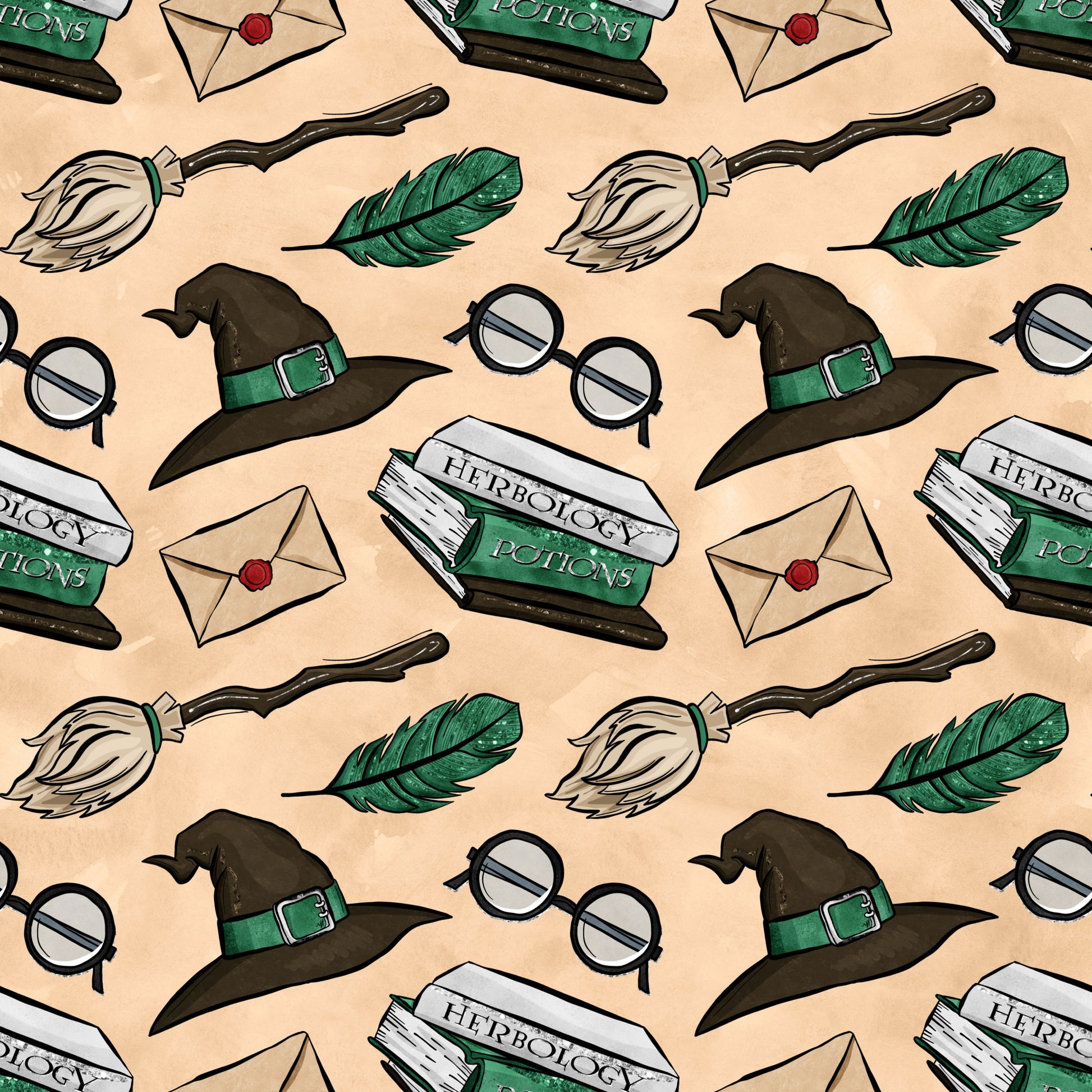 wizard, magical, witch hat, broomstick, round glasses, green feather, herbology potions, envelope, wax seal, beige background, brown, green, white, repeating pattern, fantasy theme, quilting cotton, fabric panel, whimsical, school supplies, magical accessories