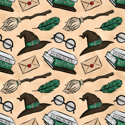 wizard, magical, witch hat, broomstick, round glasses, green feather, herbology potions, envelope, wax seal, beige background, brown, green, white, repeating pattern, fantasy theme, quilting cotton, fabric panel, whimsical, school supplies, magical accessories