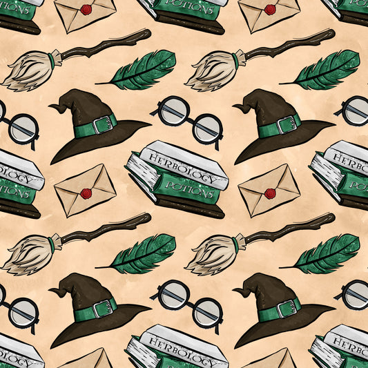 wizard, magical, witch hat, broomstick, round glasses, green feather, herbology potions, envelope, wax seal, beige background, brown, green, white, repeating pattern, fantasy theme, quilting cotton, fabric panel, whimsical, school supplies, magical accessories