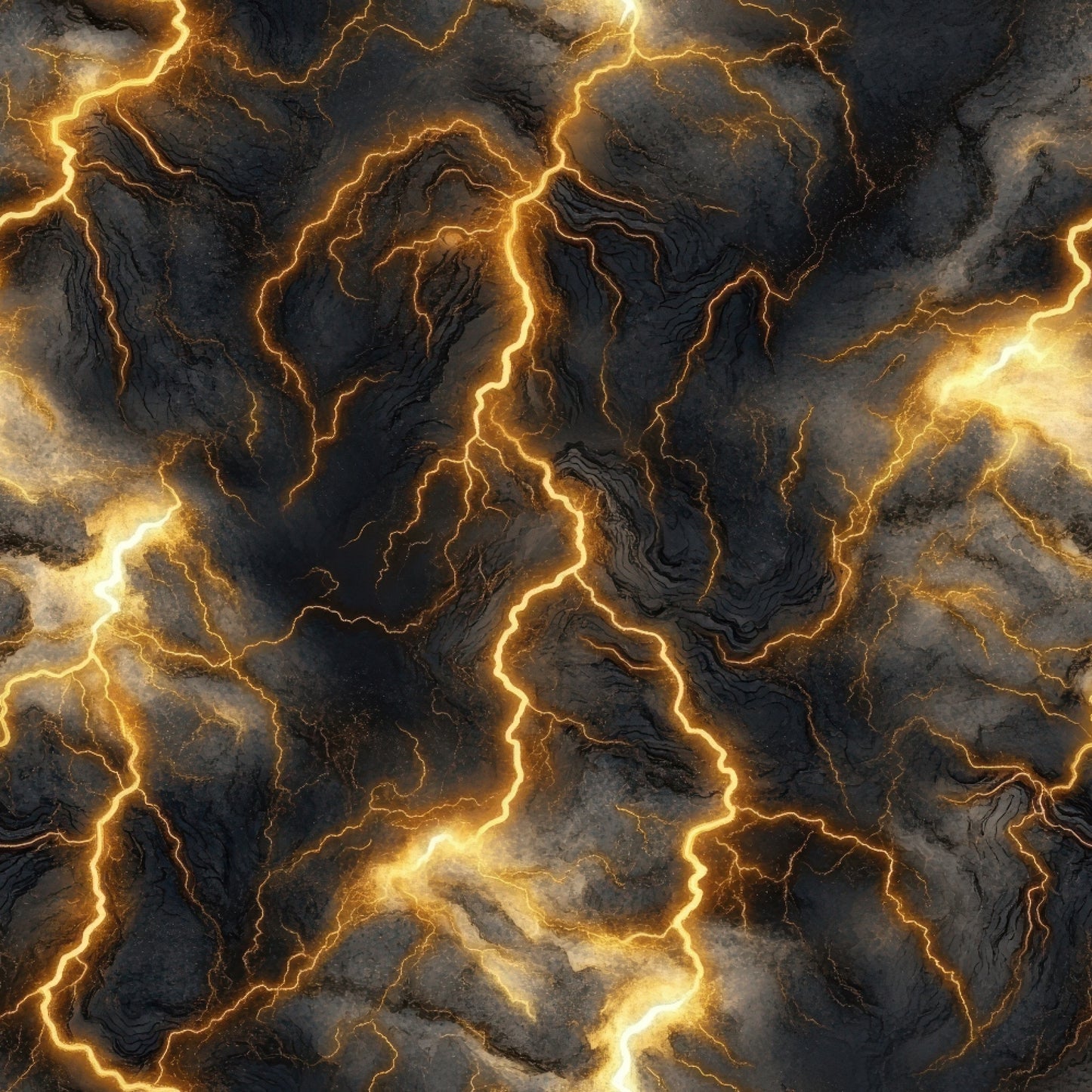 golden yellow, bright orange, charcoal gray, dark storm clouds, lightning bolts, thunderbolt pattern, electrical discharge, zigzag lines, dramatic lighting, stormy atmosphere, quilting cotton, fabric panel, weather theme, electric energy, jagged patterns, luminous glow, storm clouds, meteorological design, crackling electricity, tempest motif