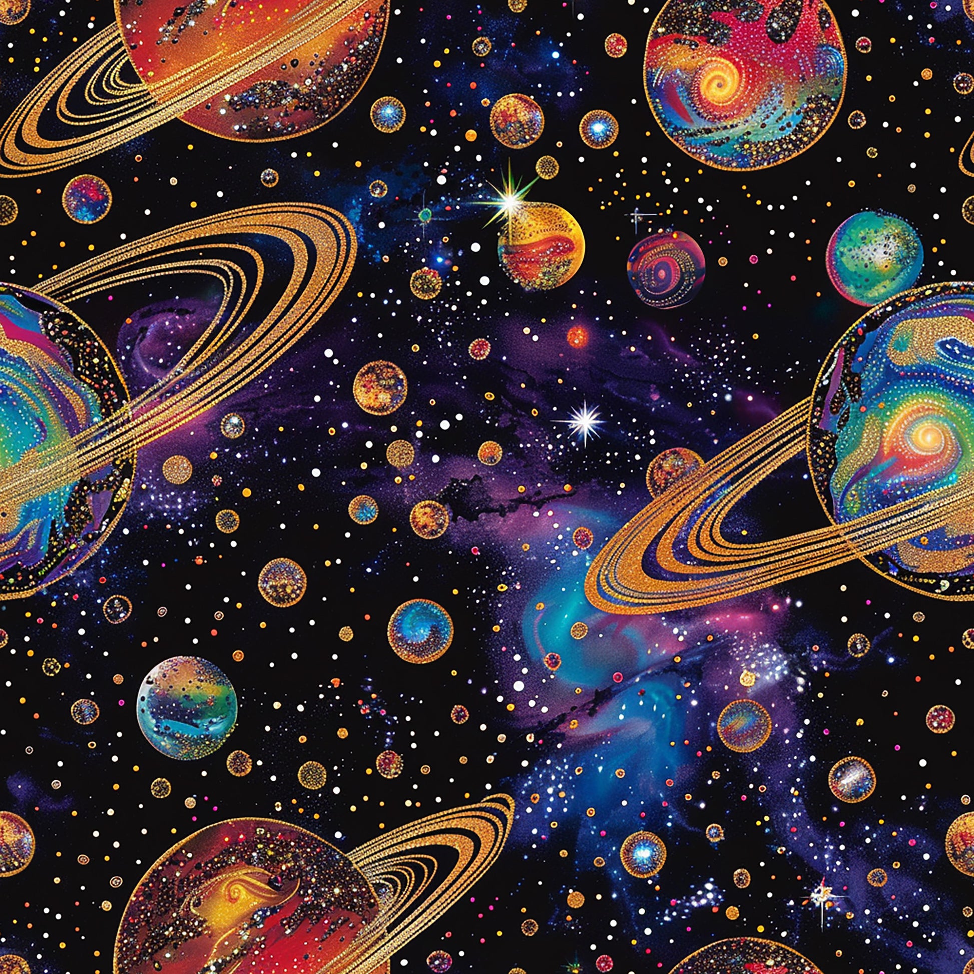 cosmic space scene, planets, saturn rings, galaxy swirls, stars, celestial bodies, deep purple, vibrant blue, golden yellow, orange, teal, magenta, black background, quilting cotton, fabric panel, astronomical theme, universe pattern, nebula clouds, starry night, space exploration