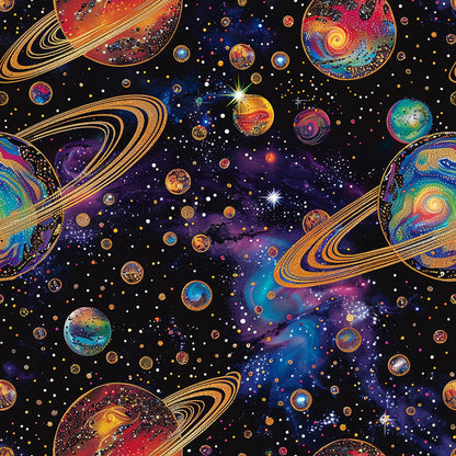 cosmic space scene, planets, saturn rings, galaxy swirls, stars, celestial bodies, deep purple, vibrant blue, golden yellow, orange, teal, magenta, black background, quilting cotton, fabric panel, astronomical theme, universe pattern, nebula clouds, starry night, space exploration