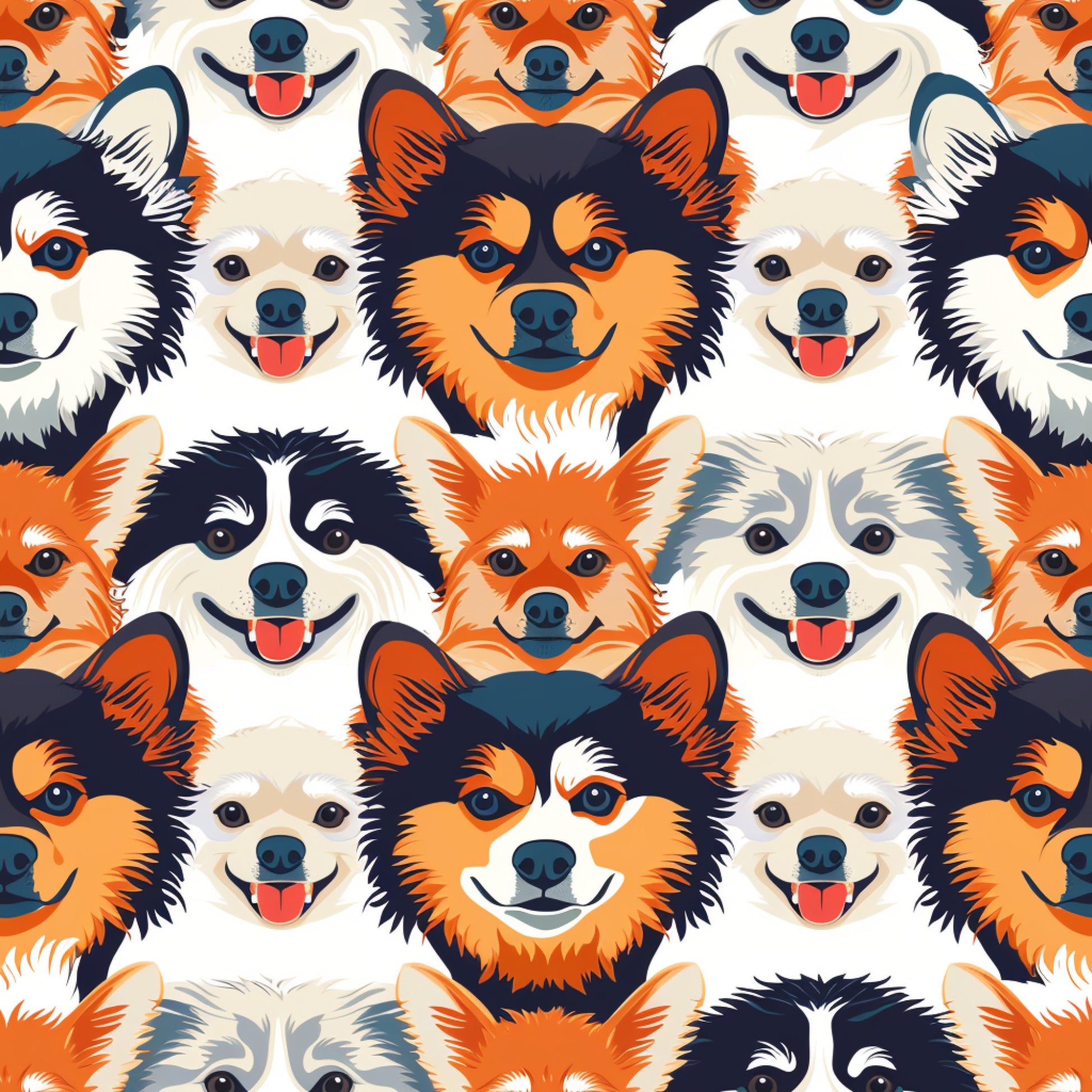 dog faces, puppy heads, orange, black, white, cream, beige, navy blue, repeating pattern, cartoon style, happy dogs, smiling faces, tongues out, cute animals, pet theme, quilting cotton, fabric panel, playful mood, geometric arrangement, multiple breeds