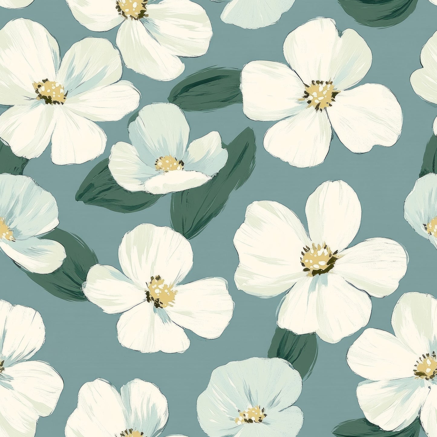 cornflower blue, dusty blue, sage green, cream white, ivory petals, golden yellow centers, floral pattern, botanical design, five-petal flowers, scattered blooms, green leaves, painterly style, soft watercolor, delicate florals, quilting cotton, fabric panel, spring flowers, feminine design, romantic mood, seamless repeat