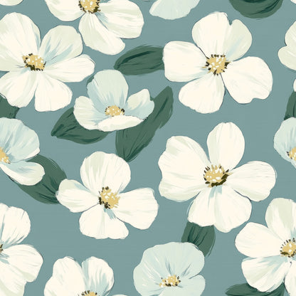 cornflower blue, dusty blue, sage green, cream white, ivory petals, golden yellow centers, floral pattern, botanical design, five-petal flowers, scattered blooms, green leaves, painterly style, soft watercolor, delicate florals, quilting cotton, fabric panel, spring flowers, feminine design, romantic mood, seamless repeat
