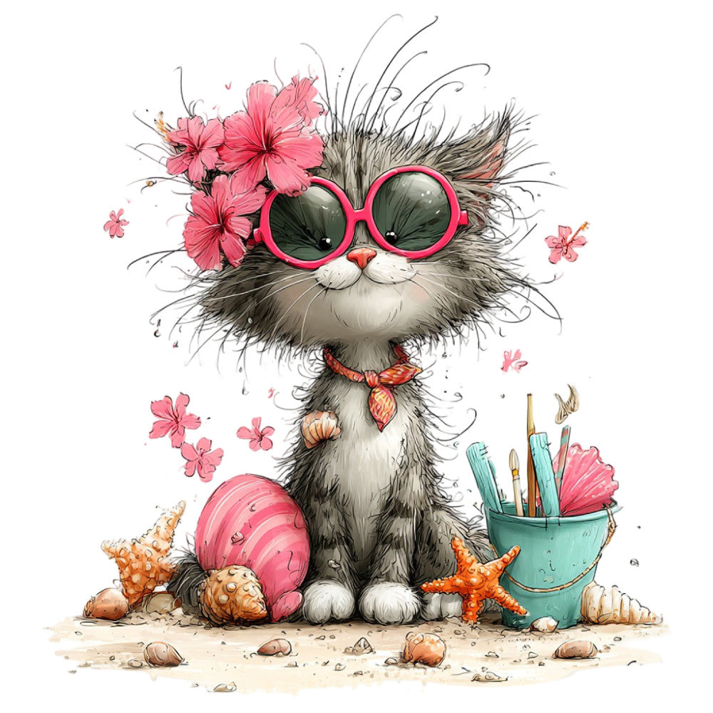 Whimsical Summer Cats Fabric Panel 39