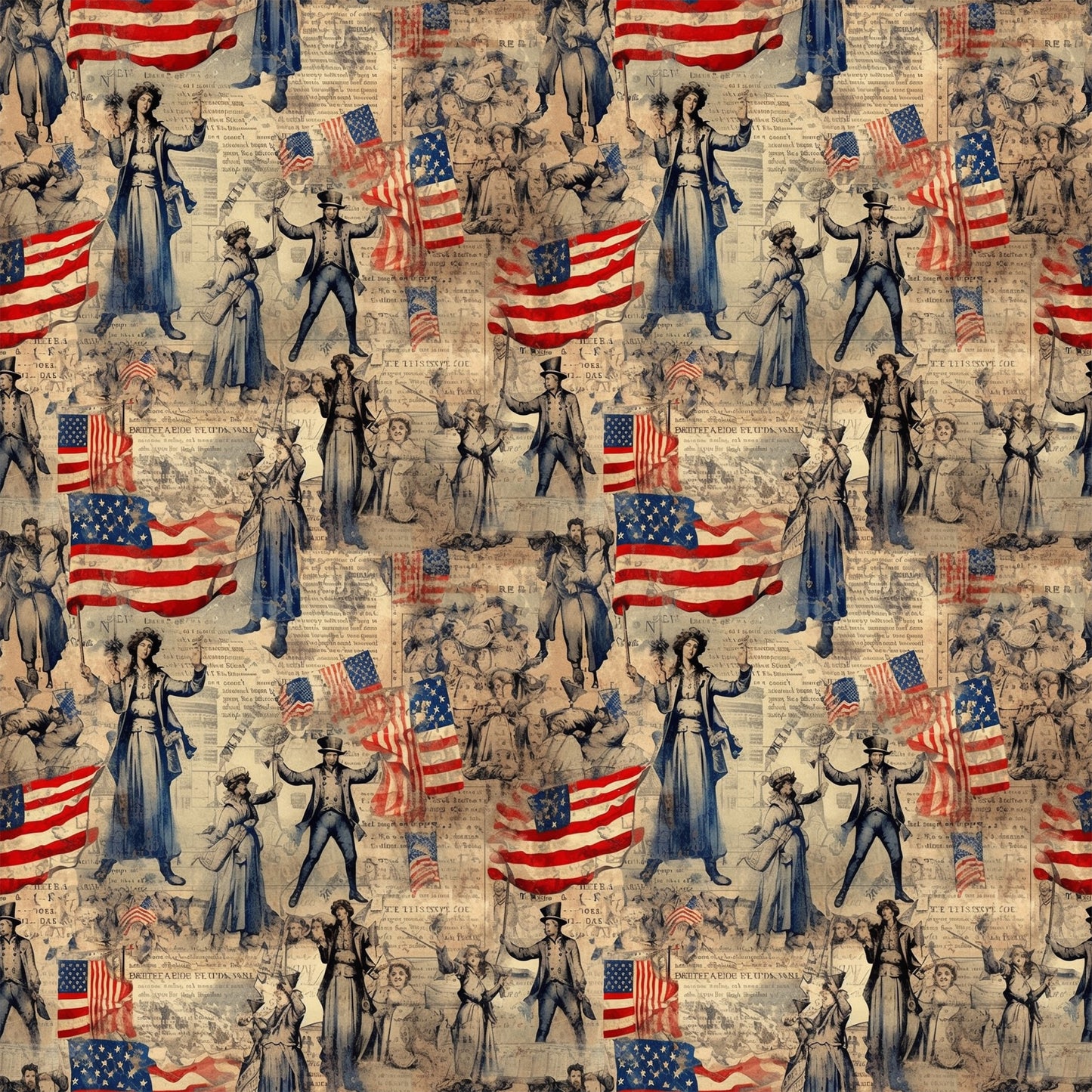 red, white, blue, beige, tan, sepia, vintage illustrations, american flags, patriotic figures, uncle sam, lady liberty, historical characters, colonial people, repeating pattern, quilting cotton, fabric panel, americana theme, antique newspaper background, nostalgic artwork, period costumes