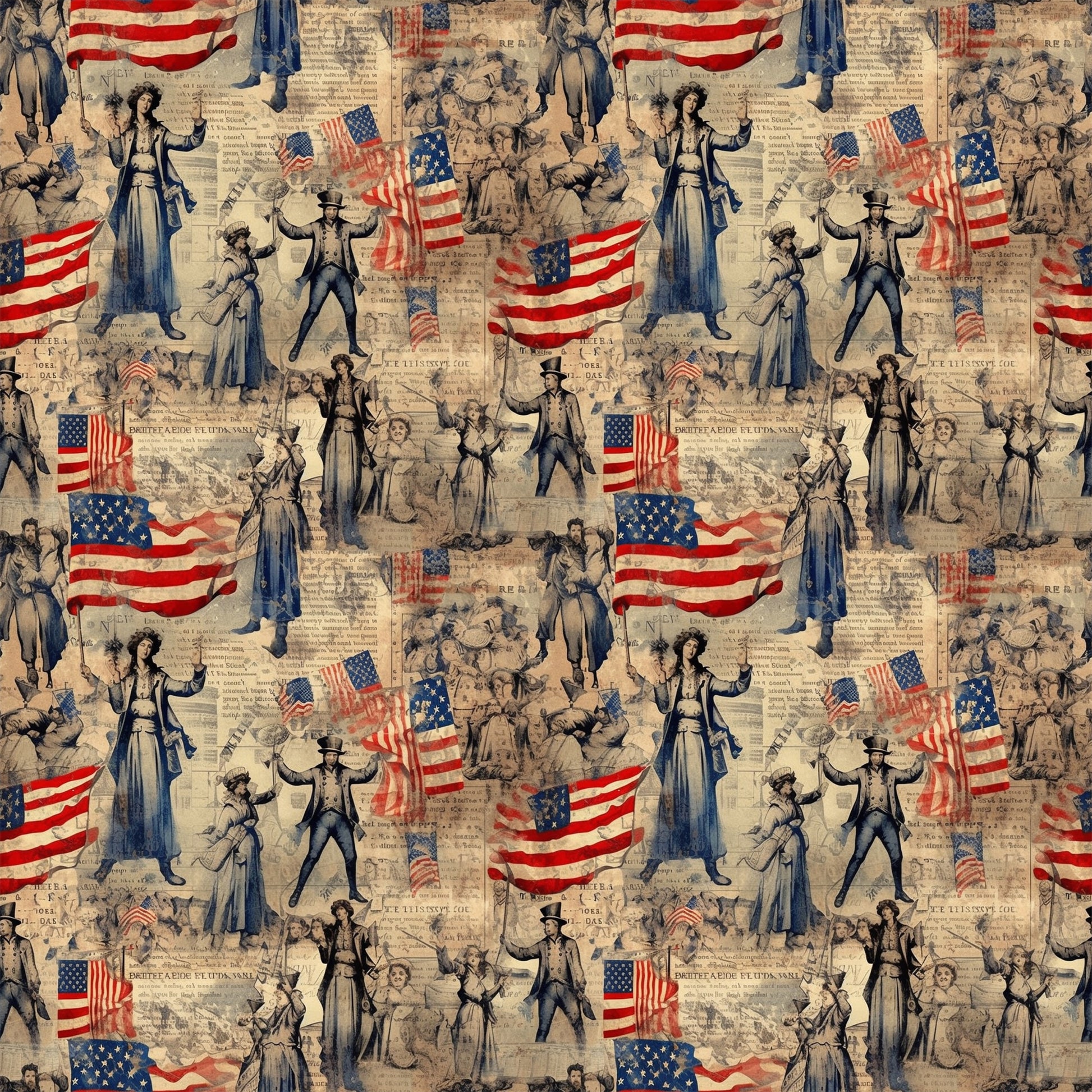 red, white, blue, beige, tan, sepia, vintage illustrations, american flags, patriotic figures, uncle sam, lady liberty, historical characters, colonial people, repeating pattern, quilting cotton, fabric panel, americana theme, antique newspaper background, nostalgic artwork, period costumes