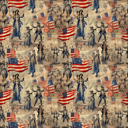red, white, blue, beige, tan, sepia, vintage illustrations, american flags, patriotic figures, uncle sam, lady liberty, historical characters, colonial people, repeating pattern, quilting cotton, fabric panel, americana theme, antique newspaper background, nostalgic artwork, period costumes