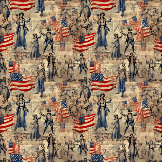red, white, blue, beige, tan, sepia, vintage illustrations, american flags, patriotic figures, uncle sam, lady liberty, historical characters, colonial people, repeating pattern, quilting cotton, fabric panel, americana theme, antique newspaper background, nostalgic artwork, period costumes