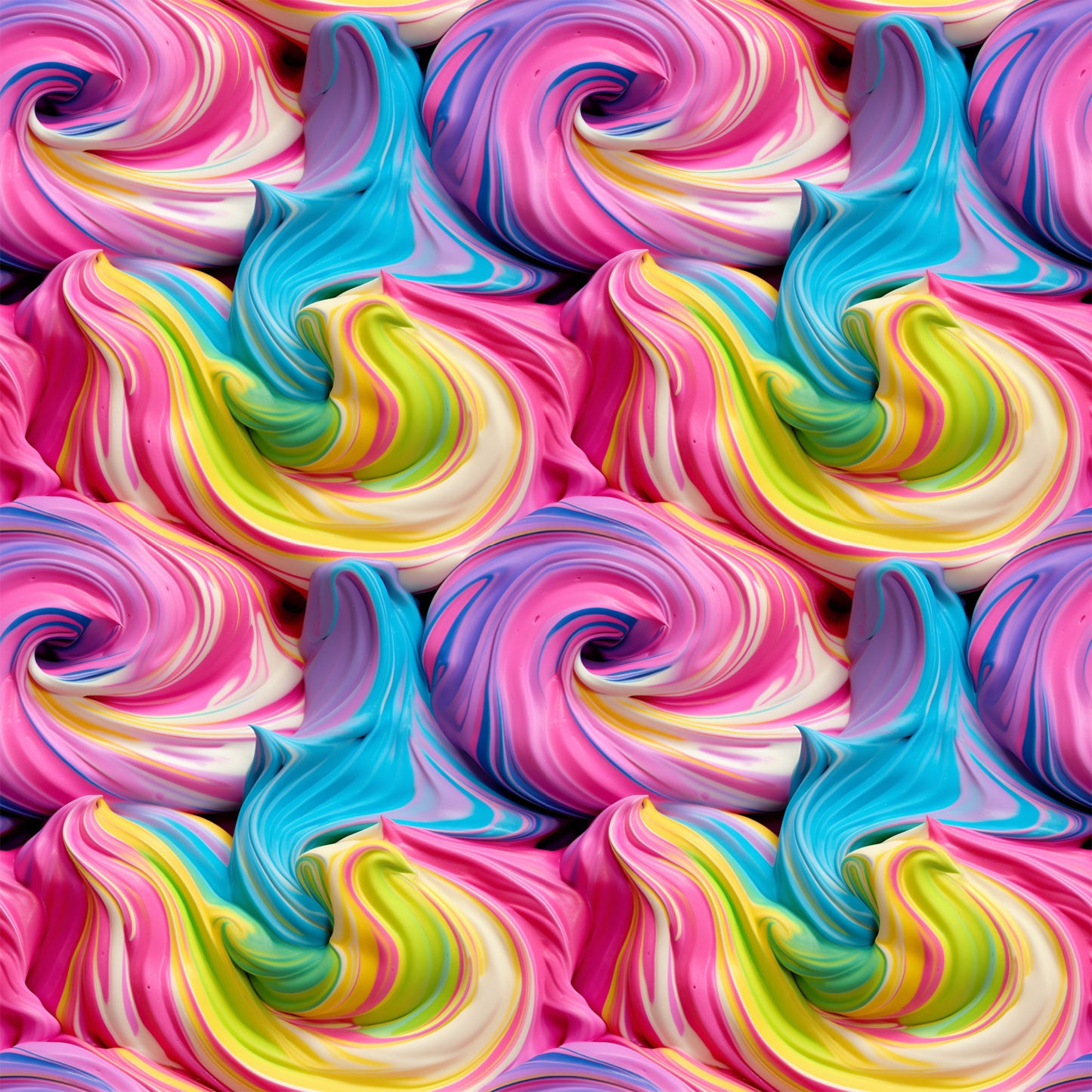 vibrant pink, turquoise blue, lime green, yellow, purple, swirled frosting, cupcake frosting, rainbow colors, whimsical swirls, dessert pattern, sweet treats, candy colors, quilting cotton, fabric panel, bakery theme, colorful spirals, frosting texture, bright pastels, food motif, cheerful design