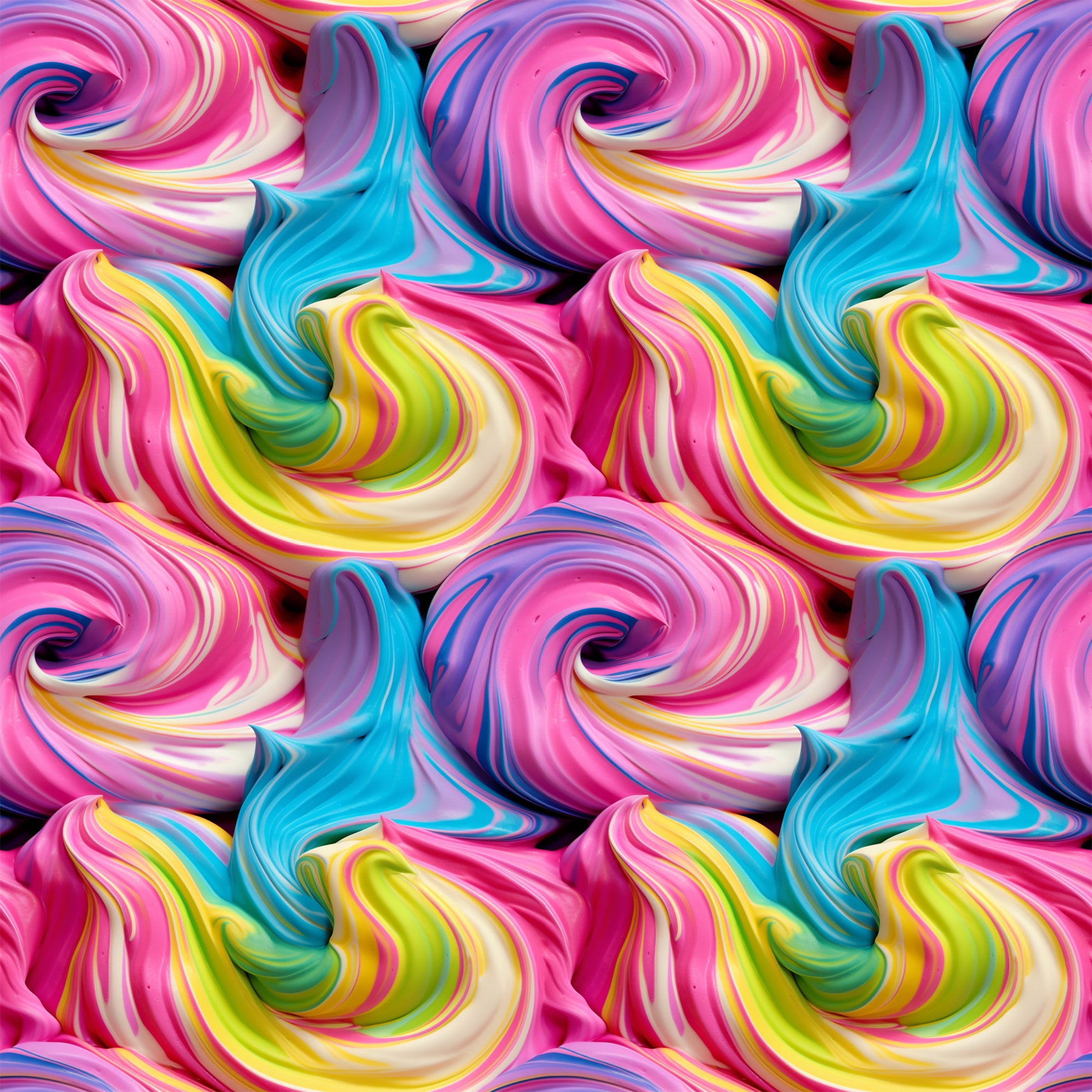 vibrant pink, turquoise blue, lime green, yellow, purple, swirled frosting, cupcake frosting, rainbow colors, whimsical swirls, dessert pattern, sweet treats, candy colors, quilting cotton, fabric panel, bakery theme, colorful spirals, frosting texture, bright pastels, food motif, cheerful design