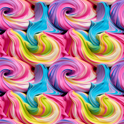 vibrant pink, turquoise blue, lime green, yellow, purple, swirled frosting, cupcake frosting, rainbow colors, whimsical swirls, dessert pattern, sweet treats, candy colors, quilting cotton, fabric panel, bakery theme, colorful spirals, frosting texture, bright pastels, food motif, cheerful design