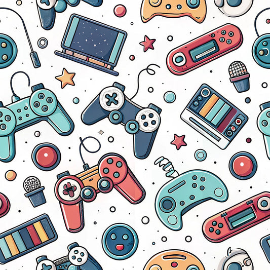 gaming controllers, retro consoles, mint green, coral pink, navy blue, orange accents, scattered pattern, video game theme, handheld devices, quilting cotton, fabric panel, playful design, modern gaming, electronic gadgets, geometric shapes, colorful illustration, gaming nostalgia, tech accessories, casual style, contemporary pattern