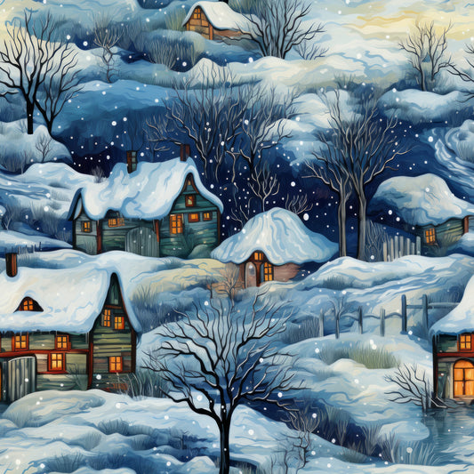 winter village, snowy houses, falling snow, blue tones, white snow, warm window light, bare trees, rolling hills, cozy cottages, quilting cotton, fabric panel, winter landscape, evening sky, peaceful scene, rustic homes, fences, snowdrifts, illustrated art, seasonal motif, dawn colors