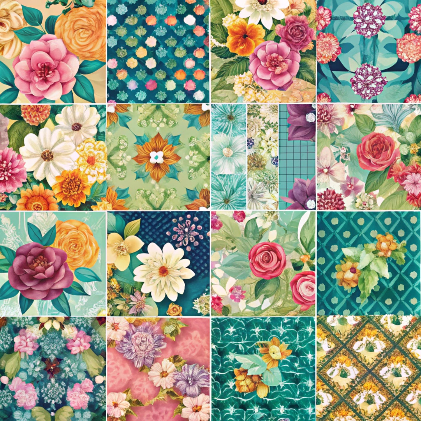 spring flowers, floral patterns, patchwork blocks, quilting cotton, fabric panel, roses, dahlias, geometric designs, teal background, pink blooms, orange flowers, yellow blossoms, purple florals, green foliage, polka dots, vintage style, botanical motifs, coordinated prints, cotton fabric, quilt squares